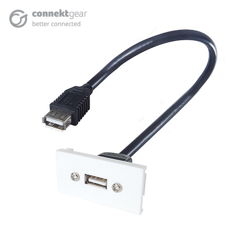 White AV module for a single USB type 2 port with a black USB type 2 cable inserted with two female connectors on either end