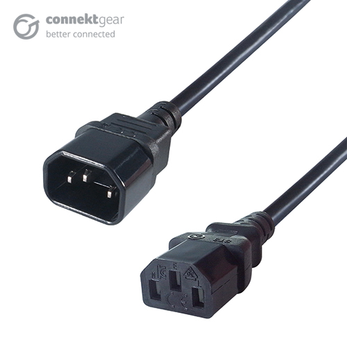 a black IEC C14 to C13 cable with a C14 IEC male connector and a C13 IEC female cable