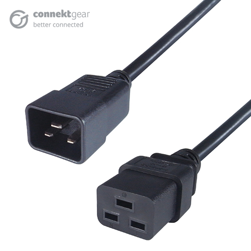a black C29 to C19 connector cable with a C20 IEC male connector and a C19 IEC female connector