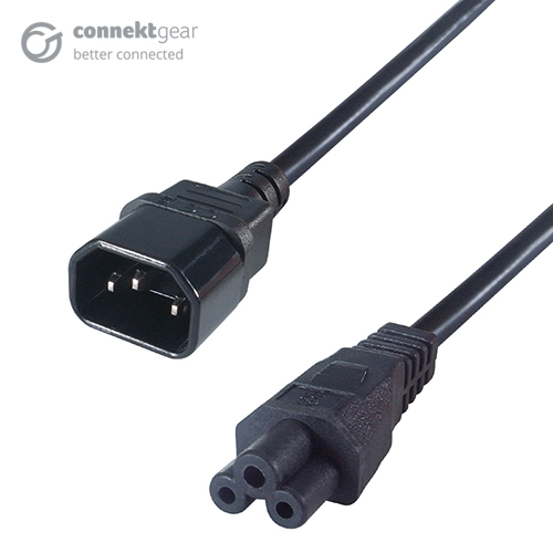 a black c14 to c5 connector cable with a C14 IEC male connector and a C5 IEC cloverleaf female connector