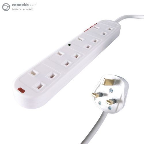 a white uk mains surge protected extension lead with a UK mains male plug connector and four female UK mains sockets housed in a long white plastic brick