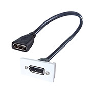 White AV module for a single Displayport port showing a black female Displayport connector cable inserted with two female connectors on either end