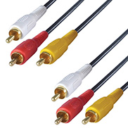 A black cable with six RCA/phono connectors two connectors are white two connectors are yellow and two connectors are red all the connectors are male and gold plated