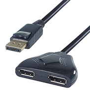 A displayport splitter in black plastic casing with two female displayport ports and a black displayport male cable