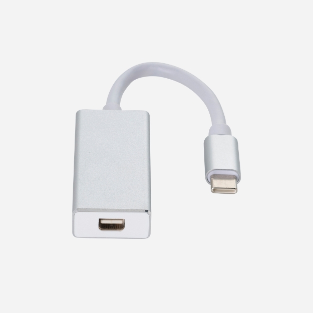 a Mini DisplayPort female to USB type C male adapter in a rounded black plastic housing with a USB type C black cable