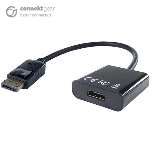 a HDMI female to displayport male adapter in a rounded black plastic housing with a Displayport male black cable