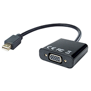 a VGA female to displayport male adapter in a rounded black plastic housing with a mini Displayport male black cable