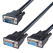 a black VGA monitor splitter cable with a male connector and two VGA female connectors