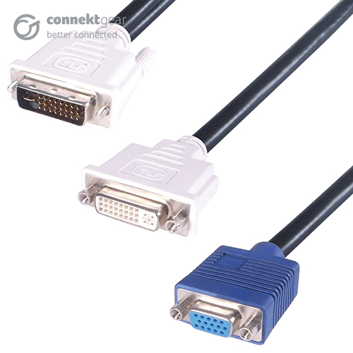 a black DVI-I (24+5) to DVI-D and VGA splitter cable with a white DVI-D female connector a blue VGA HD15 female connector and a white DVI-I (24+5) connector