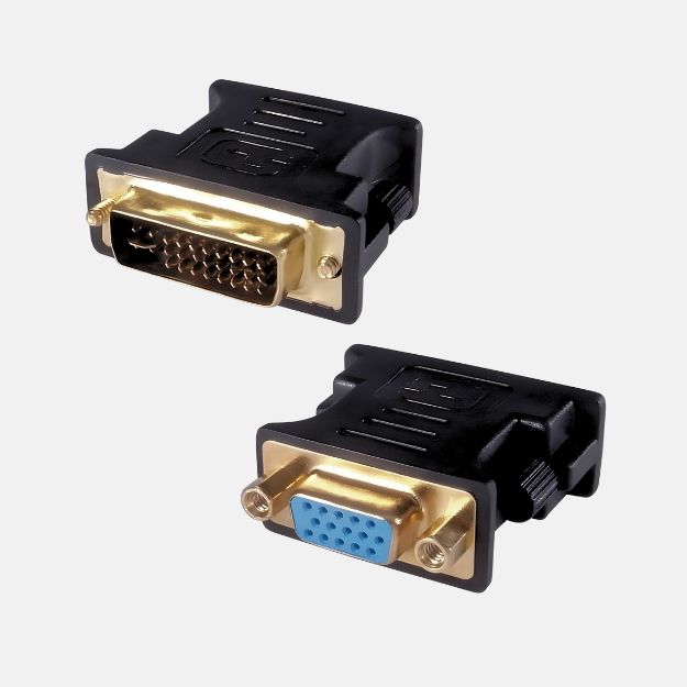 A DVI-I (24+5) to VGA adapter housed in a black shaped casing with a female VGA gold plated connector and a DVI-I(24+1) gold plated connector