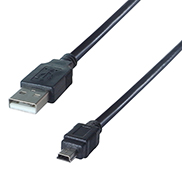 A black USB type A to USB type B connector cable with a USB type A male connector and a USB type B mini 5 pin male connector