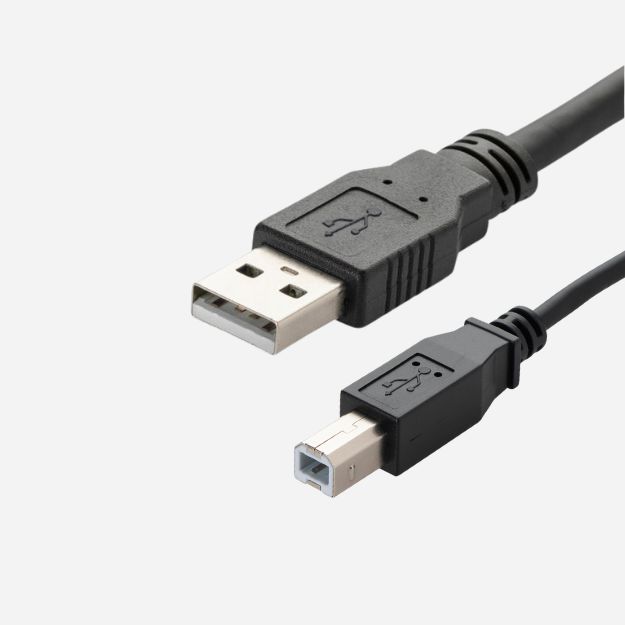 a black USB type A to type B connector cable with a type A male USB connector and a type B male USB connector