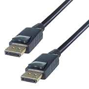 a black displayport connector cable with two displayport male connectors with latches on the top