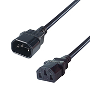 a black IEC C14 to C13 cable with a C14 IEC male connector and a C13 IEC female cable