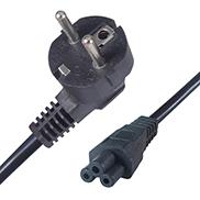 a black schuko to C5 IEC connector cable with a schuko european male mains plug connector and a C5 IEC female connector