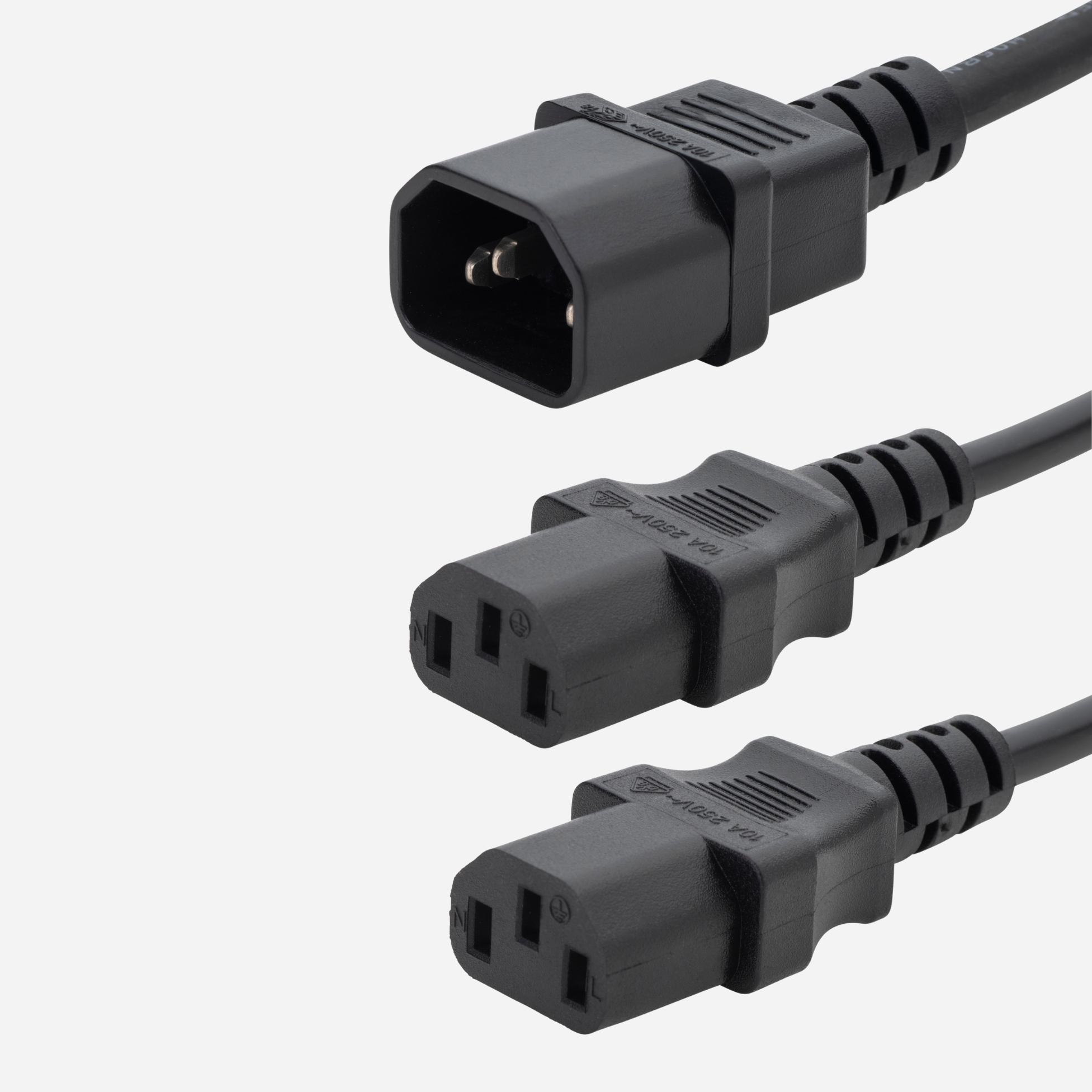 a black c14 to C13 connector canle with a c14 iec male connector and two c13 female iec sockets
