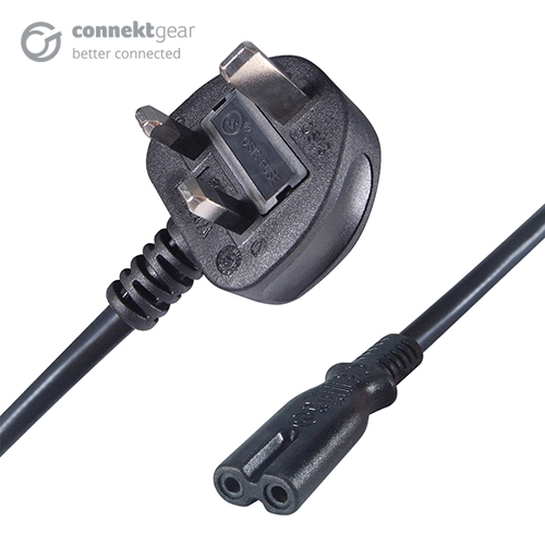 a UK mains to C7 connector cable with a UK mains male connector plug and a C7 IEC female figure 8 connector