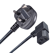 a black UK mains to C13 connector cable with a UK mains male connector plug and a C13 IEC right angled female connector