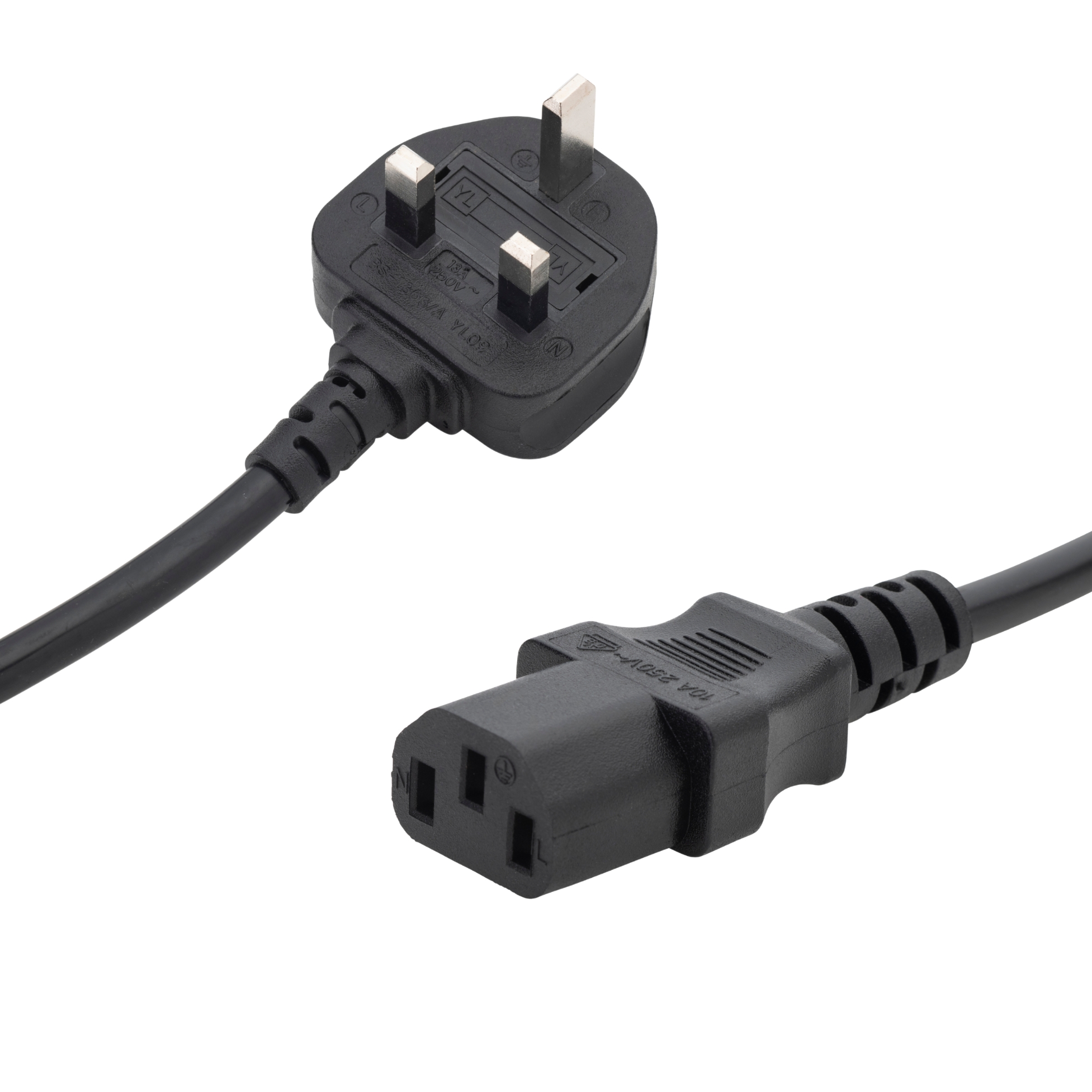 a black UK mains to C13 connector cable with a UK male mains plug connector and a C13 IEC female mains power connector