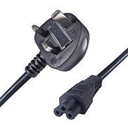 a UK mains to C5 connector with a  UK male mains plug connencto and a C5 cloverleaf mains connector