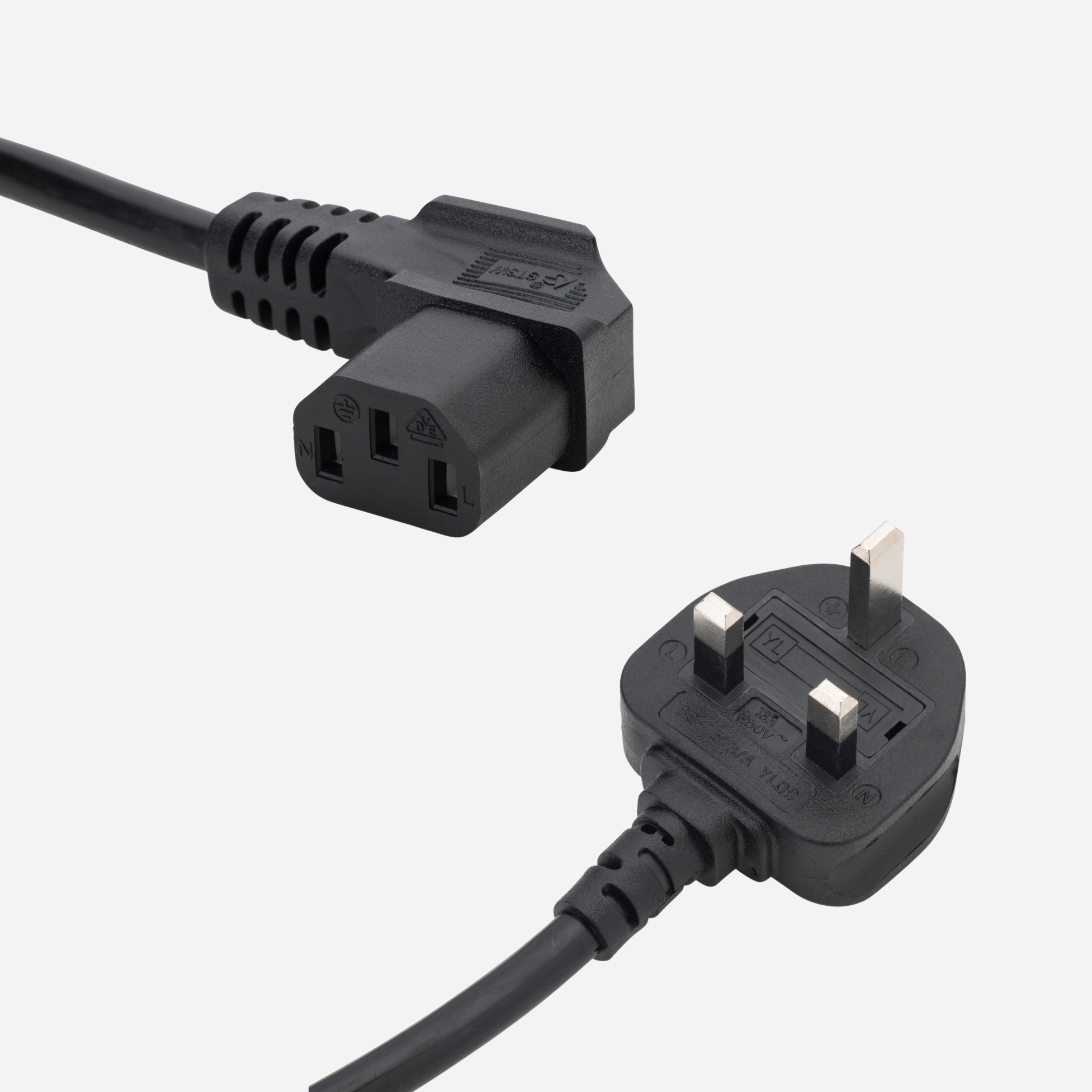 a black uk mains to c13 connector cable with a UK male mains plug connector and a C13 IEC right angled female connector