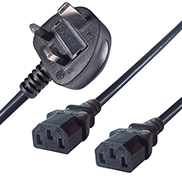 a black UK mains to c13 connector cable with a UK mains male plug connector and two C13 IEC female connectors with black cables tailing off the end