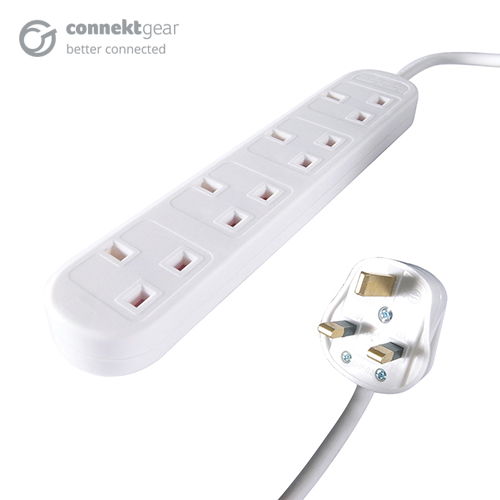 a white UK mains extension cable with a white UK mains male plug connector and four female UK mains sockets housed in a long white plastic brick