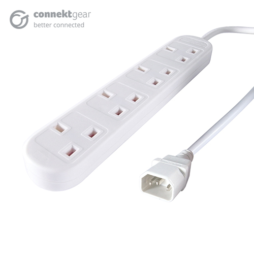 a white c14 to UK mains extension cable with a C14 IEC male white connector and Four female UK mains sockets housed in a long white plastic brick