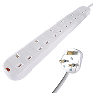 a white UK mains surge protected extension cable with a white UK mains male plug connector and six female UK mains sockets housed in a long white plastic brick