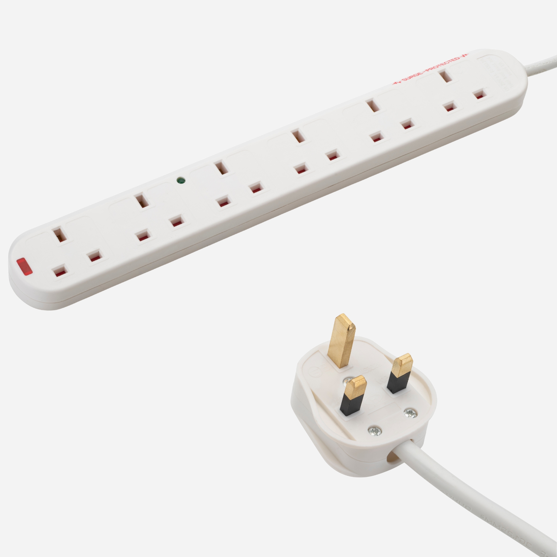 a white UK mains surge protected extension cable with a white UK mains male plug connector and six female UK mains sockets housed in a long white plastic brick