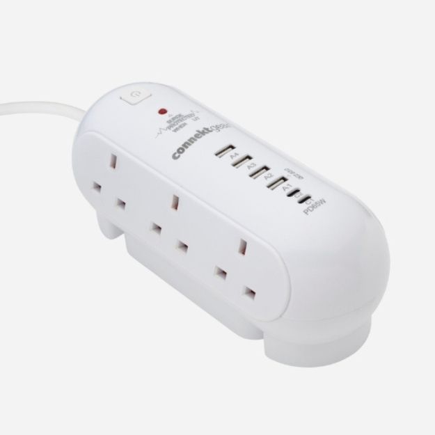 2m Desktop 6 Way Surge Protector with 4x USB A 2x USB C & 65W Power Delivery