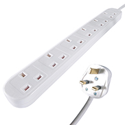 a white UK mains extension cable with a white UK mains male plug connector and six female UK mains sockets housed in a long white plastic brick
