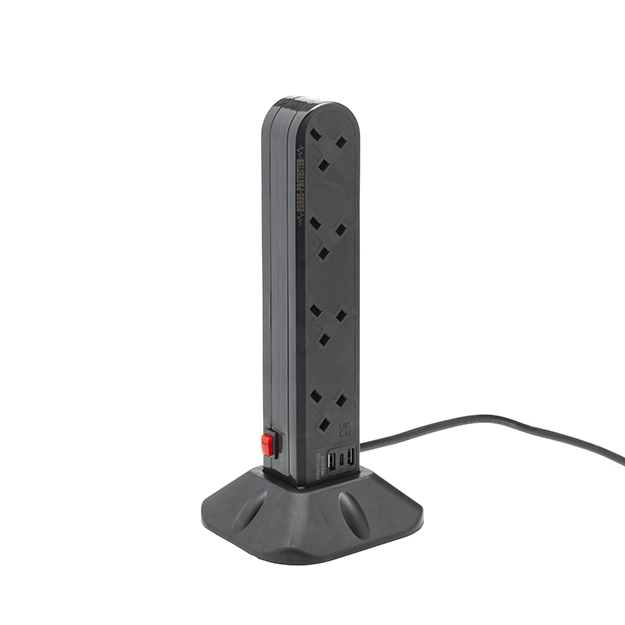 2m 8 Way Surge Protected UK Socket Tower Block with USB Type A and C Ports