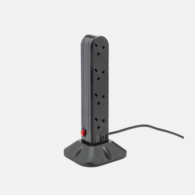 2m 8 Way Surge Protected UK Socket Tower Block with USB Type A and C Ports