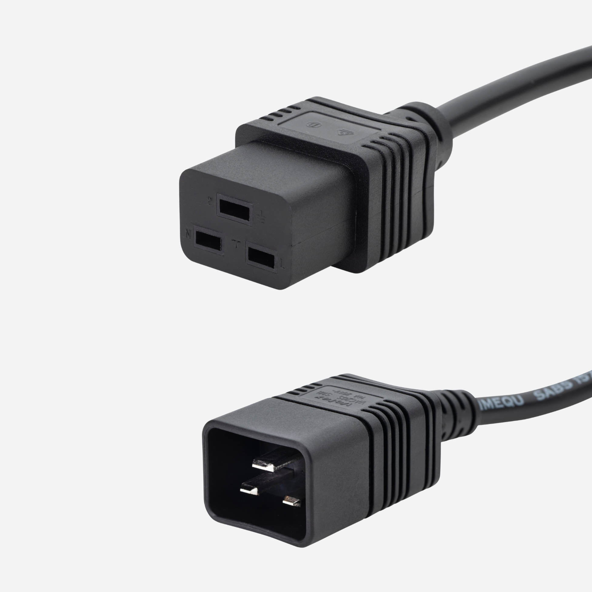 a black C29 to C19 connector cable with a C20 IEC male connector and a C19 IEC female connector