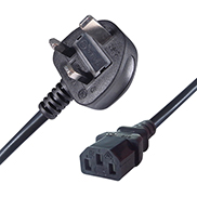A  black uk mains to c13 connector cable with one UK mains male connector and one IEC C13 female connector