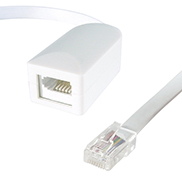 A white BT to RJ45 PABX adapter with one RJ45 male connector and on BT female connector